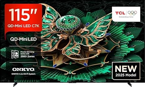 TCL 115C7K QLED Mini LED Fernseher, 115 Zoll, 4K HDR Premium, Dolby Vision IQ & Atmos, Smart TV mit Google TV, Onkyo 4.2 Sound, 144Hz VRR, AMD FreeSync Premium Pro, HDMI 2.1, AirPlay 2, Alexa