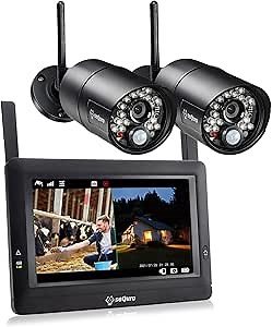 Sequro Wireless Security Camera Monitor System with 7" Touchscreen Monitor & 2PCS HD Outdoor Bullet Cameras, Two-Way Audio, Night Vision, Waterproof, Motion Sensor, Free APP, Home Security DVR Kit