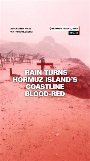 Seasonal rainfall on Iran’s Hormuz Island washes iron-rich soil from its famous Red Beach into the sea, turning the coastline deep crimson. #cnn #news