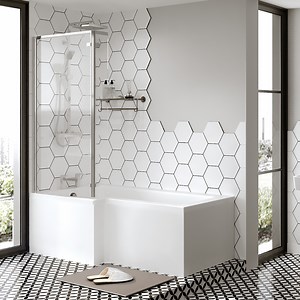 Reinforced L-Shaped Square Shower Bath 1700 x 850/700 C/W Hinged 6mm Bath Screen & Front Panel