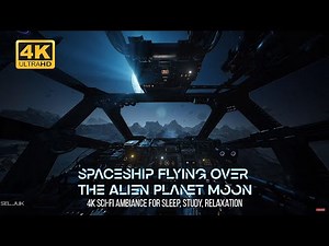 Spaceship Patrol Flight Over The Alien Planet Moon. Sci-Fi Ambience 4K UHD