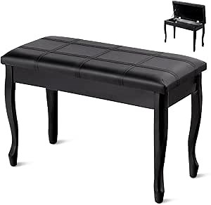 Piano Bench, Solid Wood Keyboard Bench with Storage Compartment, Exquisite Legs & Thick Cushion, Classical Elegant Piano Stool Duet Seat for Home, 14’’ D x 29.5’’ W x 19.5’’ H (Black)