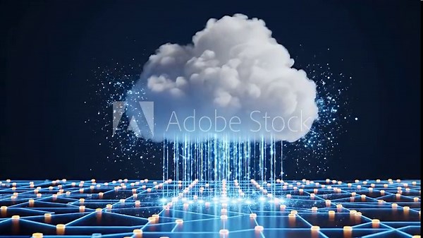 Digital data streaming from a conceptual cloud onto a glowing network