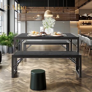 Aiho 3 Piece Kitchen Dining Set with 2 Benches & Wood Table Top, Small Kitchen Table Set for 4, Modern Dining Room Sets for Kitchen, Living Room - Black