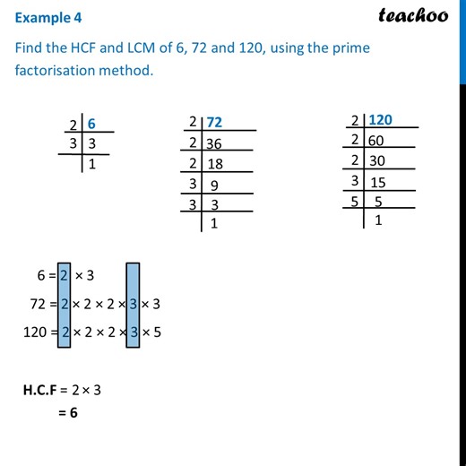 Example 4 - Find HCF and LCM of 6, 72 and 120, using prime