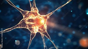 Nerve Cell Microscopic: A vibrant, detailed 3D rendering of a neuron, showcasing its intricate structure and interconnectedness. The cell glows with a warm light against a deep blue background.