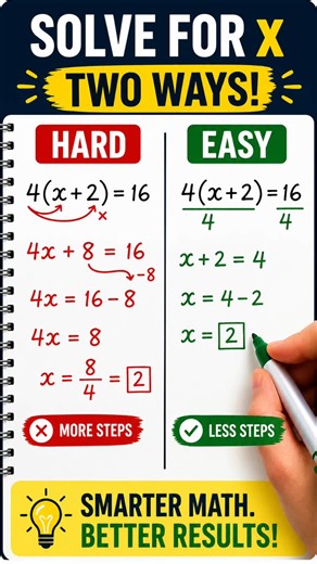 Hard Way vs Easy Way: Solve 4(x 2)=16 Easy Algebra Trick #math #algebra