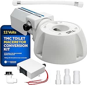 TMC Electric Toilet Macerator Conversion Kit with Threaded-On Hose Connection Includes Macerator Pump, Toilet Base, On-Off Control Switch, Hose for Boats, RV, Camper, Trailer, 12V - FO728