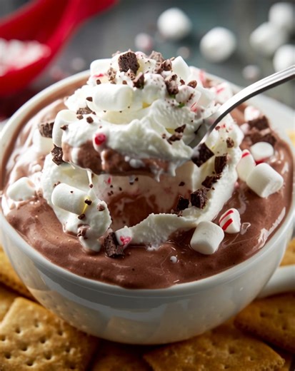 Peppermint Hot Chocolate Dessert Dip A fluffy, cocoa-rich holiday dip topped with whipped cream and peppermint crunch. Yield / Temp / Time: Serves 6–8 • No-bake • 15 minutes Ingredients First: Cream cheese (softened) Cocoa powder Powdered sugar Whipped topping Other Ingredients: Vanilla extract Milk or heavy cream Mini marshmallows Crushed peppermint candies Chocolate chunks or shavings Graham crackers (for serving) Steps: Beat softened cream cheese until smooth and fluffy. Mix in cocoa powder, 