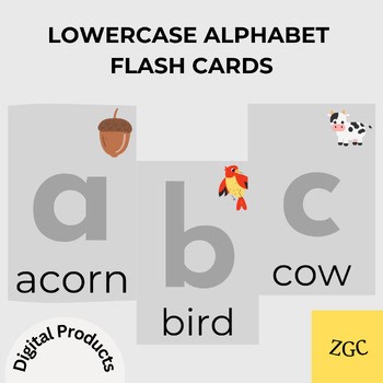 Lowercase Alphabet Flash Cards Printable, Grey ABC Flashcards, Phonics & Letters