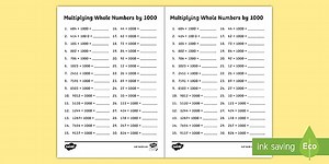Multiplying Whole Numbers by 1000 A5 Worksheet