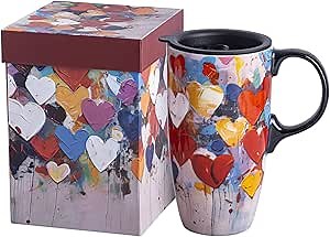 Amazon.com | Voltogar Ceramic Mug Travel Coffee Cup with Lid and Handle, Reusable 17oz Porcelain Tall Tea Cup, 6.5" H Heart Mug: Coffee Cups & Mugs