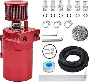 SPEEDWOW Universal Oil Catch Can Tank Kit with Breather Filter, Aluminum Oil Capture Tank Air Tank with 3/8" Fuel Line,300ml (Red)