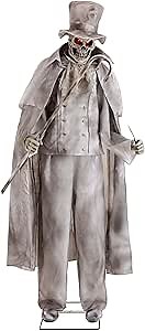 Fun Costumes 7ft Animated Ghostly Gentleman Jack Outdoor Decoration, Grey Spooky Sound Red Light-Up Eyes Decor - Standard, Gray