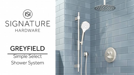 The Greyfield Simple Select Shower System offers modern styling with an industrial flair— creating an impactful, memorable design in your bathroom. Command your desired water flow with just the push of a button for a customized shower experience. Shop now: https://bit.ly/37Zh3wc | Signature Hardware