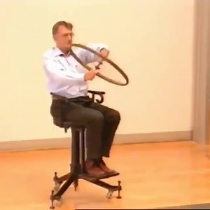 Momento Angular "Uma imagem vale mais do que mil palavras." Quando se muda o eixo de rotação da roda de bicicleta da posição vertical para a posição horizontal, notamos que todo o conjunto sobre a banqueta passa a girar no sentido contrário ao sentido de rotação da roda. Ao voltar à posição original, o conjunto para de girar. Se invertermos a posição horizontal do eixo da roda, o conjunto também passará a girar no sentido contrário. Ao girar a roda da bicicleta, ela adquire momento angular, que 
