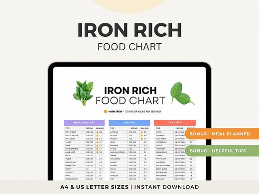 Iron Rich Food List, Iron Rich Food Chart, Printable PDF, Bonus Weekly Meal Planner and Iron Rich Meals - Etsy
