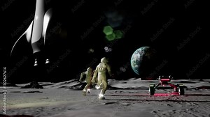 Cosmonauts heading into new journey on moon. New lunar world in high tech three dimensional video animation