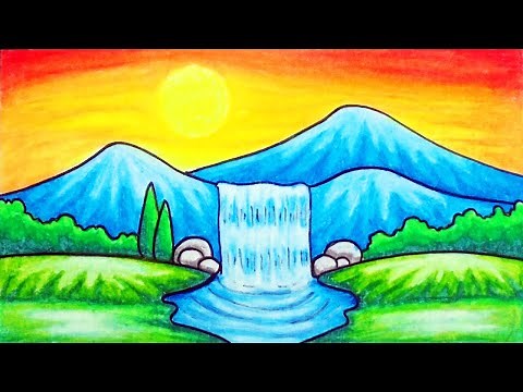 Drawing Waterfall at Sunset Scenery Step by Step with Oil Pastels