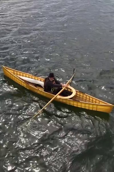 Here’s another bit of drone footage of our canoe rowing and sailing system. More than anything else both of these features are designed to be as simple as possible. My recent experiments with the pedal drive not withstanding, I generally subscribe to the philosophy that complexity is the enemy in small boats. . The pop-up sail weighs next to nothing and tucks out of the way in normal canoe mode, but is ready to pop up in a flash to catch a favorable breeze. In a longer boat, it can run down wind