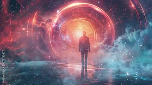 technology background. virtual reality oasis ethereal visitor materializes. seamless looping overlay 4k virtual video animation background