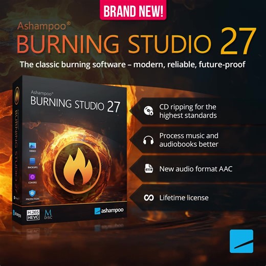 Our new Burning Studio is here! 🆕🔥 It reliably burns data, copies CDs, DVDs, and Blu-rays, and rips music CDs – including clear archiving and automatic cover creation. You can also create movies, slideshows, and video discs in no time. Backups are quick, space-savingly compressed, and additionally protected if desired. Practical extras for audiobooks, podcasts, and radio plays make managing your media files even easier. 👉️ More information here: https://bit.ly/4rJYraB | Ashampoo