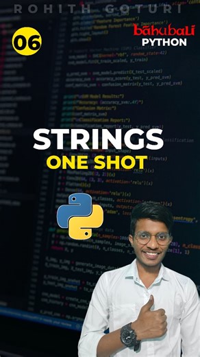 Rohith Goturi on Instagram: "Bahubali Python Part-6 🚀🐍 Strings in Python = text ni handle cheyadaniki power tool! String indexing, slicing & important string methods — anni concepts ni clear ga, real program examples tho Telugu lo explain chesa 🔥😎 Python basics strong cheddam — Bahubali style 💪✨ Python, python telugu, python short series, python in telugu, python explanation in very easy way, python with real life examples, python series by rohith goturi. Rohith Goturi, bahubali python seri