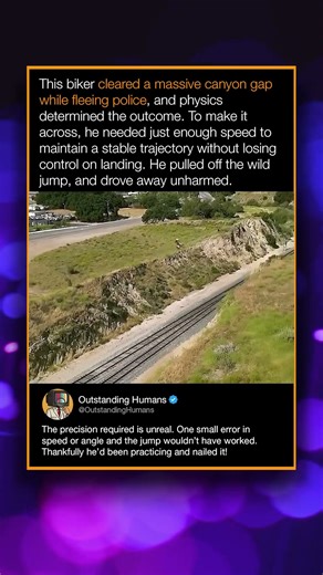 This biker cleared a massive canyon gap while fleeing police, and physics determined