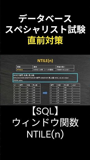 【データベーススペシャリスト】SQL完全攻略：ウィンドウ関数NTILE(n) #データベーススペシャリスト #勉強 #データベース #応用情報技術者試験 #基本情報技術者試験 #資格