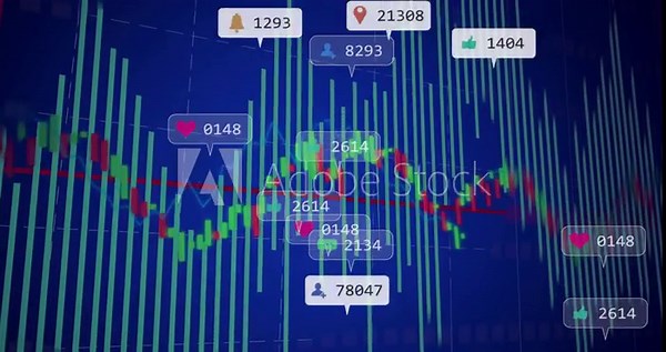 Red cursor appearing triggers market chart animating bars, line and pop-ups, showing live metrics Stock 비디오