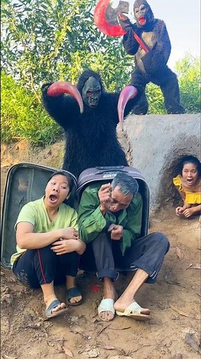 2 Ferocious Gorilla Monsters Attack 2 Beautiful Brave Girls And A Poor Old Man Hiding In A Suitcase