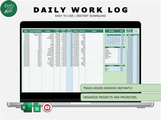 Daily Work Log With Auto Hour Calculation (excel & Google Sheets) - Etsy