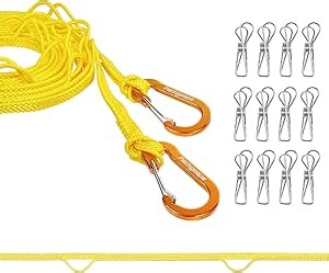 Portable Travel Clothesline, Windproof Clothes Laundry Line with Clothespins & Hang Holes, Indoor & Outdoor Clothes Drying Rope for Hotel, Backyard,Cruise Ships, Camping (Yellow, 12.5 Ft)
