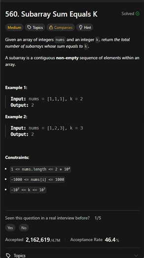 560. Subarray Sum Equals K