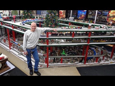 Greatest Christmas Model RR Railroad Train Layout in Tire Shop ! Awesome Lionel O Scale Gauge trains