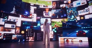 Backview Of Caucasian Woman Entering 3D Cyberspace With Animated Social Media Interfaces, Online Video Games, Videos, Internet Content. Visualization Of Female Enthusiast Surfing Computer Network.