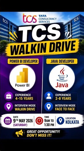 TCS WALKIN DRIVE 2026 🔥 Power BI & Java Jobs | Kolkata Hiring | Don’t Miss! #tcs #jobs2026