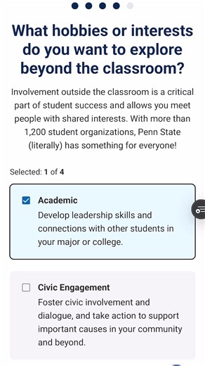 Take the quiz to get recommendations for majors, campuses, and activities that align with your interests. | Penn State Undergraduate Admissions