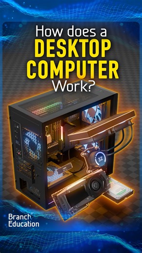 Branch Education on Instagram: "How do Desktop Computers Work? Have you ever wondered how all the hardware inside a computer fits together? Well in this video we take apart a modern computer and examine all the hardware. We'll look at things like the CPU, the GPU, the Motherboard, the DRAM, the SSDs, the Hard Disk Drives, the Power Supply, the Water Cooler, and everything else. #pcbuild #computerhardware"