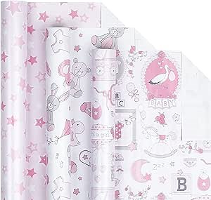 Amazon.com: LeZakaa Pink Baby Shower Wrapping Paper Roll, Bear Balloon Baby Toy Stars for Baby Shower, Baby Girl's 1st Birthday, Newborn Party, Mini Roll with Cut Lines, 17 x 120 inches, 3 Rolls : Health & Household