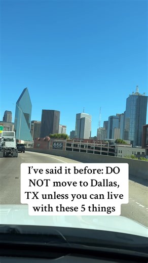 It’s so important to know these things BEFORE moving here👇 1️⃣ The social scene is surprisingly image-conscious Dallas can feel status-driven. What you do, where you live, what you drive, where you brunch Errands are not a sweatpants activity here 2️⃣ Traffic will humble you That “20-minute drive” is optimistic at best. Dallas is incredibly spread out, and commute times add up fast. A 20 minute drive can turn into an hour real quick 3️⃣ Property taxes will surprise you No state income tax sound