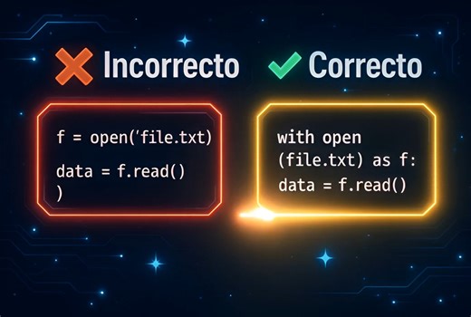 Level Up Digital Academy on Instagram: "🚨 Abrir archivos en Python: el detalle que separa a un junior de alguien que sabe lo que hace En Python abrir un archivo no es el problema. El problema es olvidarte de cerrarlo. ❌ Incorrecto f = open("file.txt") data = f.read() Parece inocente hasta que no lo es. Si ocurre una excepción, el archivo queda abierto, consumes recursos y empiezan los errores fantasma. Los peores. ✅ Correcto with open("file.txt") as f: data = f.read() Aquí Python actúa como deb
