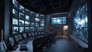 Modern command center creating a secure environment for surveillance and data management, featuring multiple screens displaying complex digital information and analytical graphs