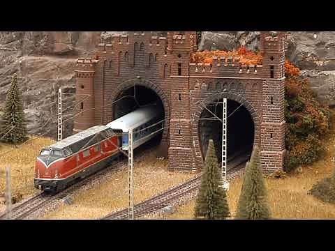 Model trains in action on HO scale layout modules