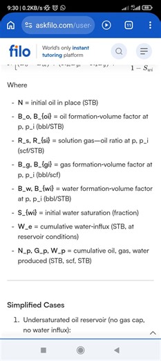 N = initial oil in place (STB)  B_o, B_{oi} = oil formation-vol... | Filo