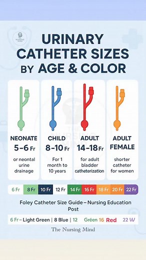 🩺 Urinary Catheter Sizes Made Simple! An essential guide for nurses 👩‍⚕️👨‍⚕️ — know the right catheter size by age & color to ensure safe and effective patient care. 💧 📘 Remember: ✅ Neonate: 5–6 Fr (Light Green) ✅ Child: 8–10 Fr (Blue) ✅ Adult Male: 14–18 Fr (Red) ✅ Adult Female: Shorter catheter 💡 A must-know chart for every nursing student and healthcare professional! #NursingEducation #NursingStudents #MedicalLearning #FoleyCatheter #UrinaryCatheter #NursingNotes #NurseLife #ClinicalSki