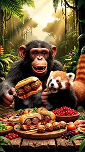 A Smiling Baby Chimp and A Baby Red Panda is Eating (ASMR)