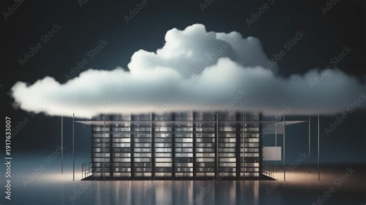 Data center building existing under a white cloud, representing concepts of cloud computing, online network services, and secure digital information hosting
