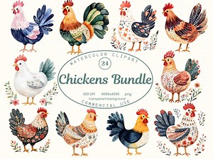 Chicken Clip Art Collection, Watercolor Folk Chicken Art 24 PNG, Folklore Graphics, Chicken Clipart Bundle, Digital Download Commercial Use - Etsy