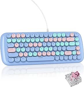 Blue Colorful Mechanical Gaming Keyboard, Aesthetic Keyboard w/White Backlit, 84 Keys Cute Retro Typewriter Computer Keyboard Wired w/Pink Switch, Round Keycap for Windows/PC/PS5 (Blue)